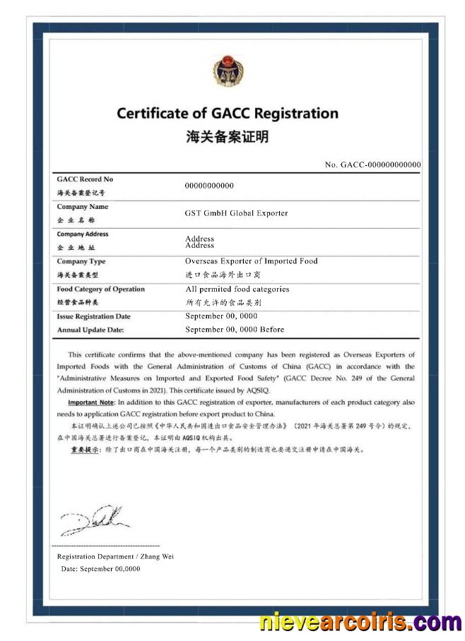 Turkey Certificate of GACC registration